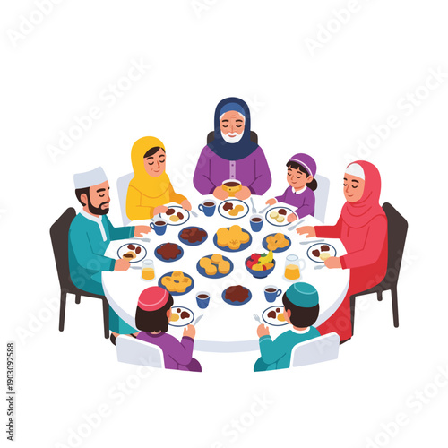 Happy Muslim family enjoys a traditional communal meal together around a table, sharing food and special moments of cultural celebration and togetherness