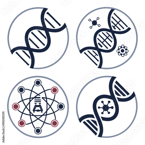Four distinct symbols representing different scientific disciplines and concepts. Vector