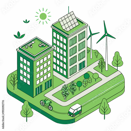 A vibrant and eco-friendly cityscape with green buildings and renewable energy sources Vector