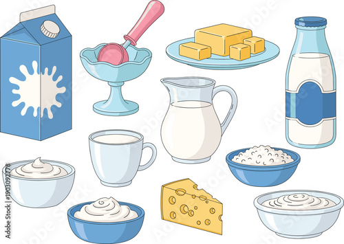 Dairy products collection with milk cheese butter yogurt cream and ice cream flat vector illustration set
