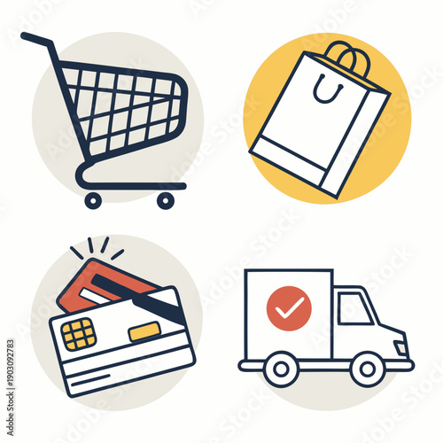 Icons representing various aspects of online shopping and delivery services Vector
