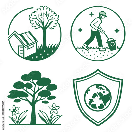 Illustrations of environmental protection and agriculture with a shield emblem. Vector