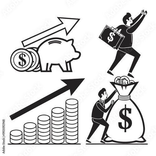 Business growth and financial success with piggy bank and coins. Vector