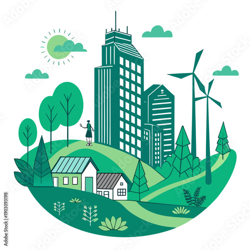 A vibrant illustration of a sustainable city with green buildings and renewable energy sources. Vector