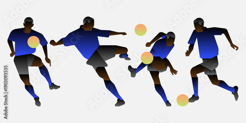 Set of soccer players in blue jerseys performing acrobatic kicks and ball control, modern flat vector illustration with dark skin tones.