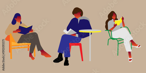 Diverse young people sitting and reading books in various poses, relaxed study and lifelong learning concept, flat vector illustration.
