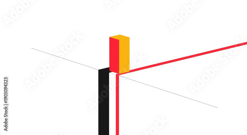 Abstract Minimalist 3D Geometry. Isometric structure design featuring bold red, yellow, and black elements intersecting on a white background.
