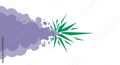 Fresh Green Sharp Burst Explosion from Purple Cloud Smoke. Abstract Vector Graphic Element for Energy, Impact, Mint, or Clean Air Design.