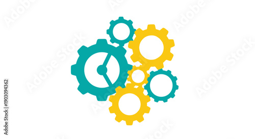 Interlocking Gears System Vector Icon. Teal and Yellow Cogs Working Together. Mechanism, Automation, and Business Process Concept Graphic.