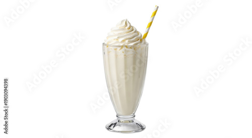 Fotografie Vanilla milkshake with whipped cream and straw isolated PNG, creamy dessert in g