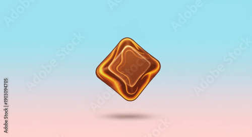 Abstract 3D brown and orange glowing rhombus shape floating on a pastel gradient background modern