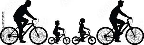 Silhouette of a family riding bicycles together a father and two children cycling in a line on a white background