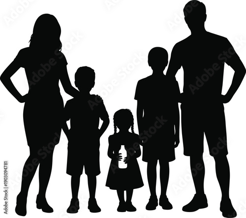 Silhouette of a happy family of five standing together against a white background people mother father
