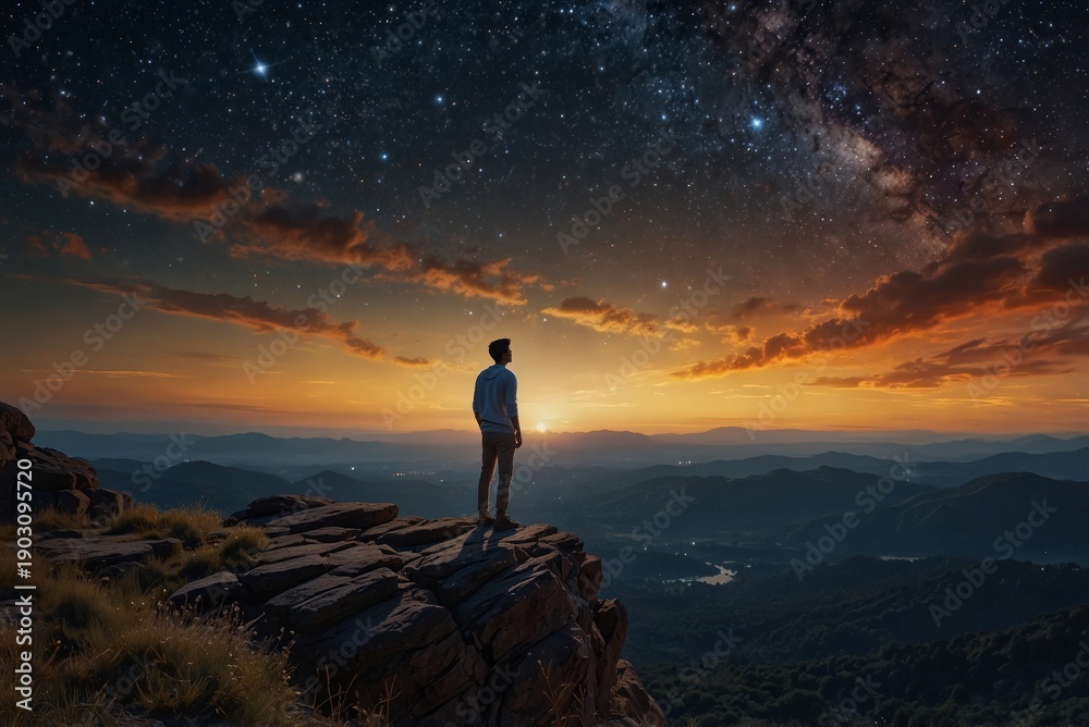 Obraz premium A person is standing on a rock at the edge of a hill. They watch the sunset as stars appear in the night sky. The landscape shows hills and a river below.