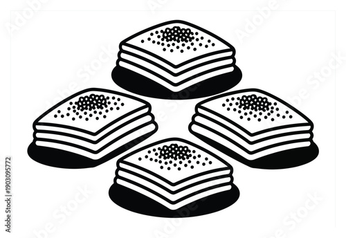 Four Square Baklava Slices with Pistachios, Black and White Illustration