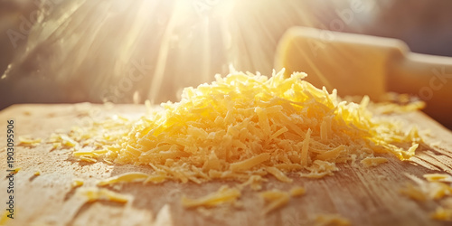 Pile of Fresh Shredded Cheese on Wooden Board with Golden Light