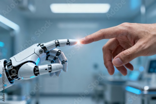 A human hand extends toward a robotic hand in a lab. Both hands meet, showing a connection between humans and technology.