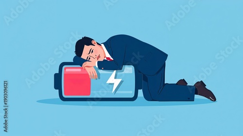 A man in a dark suit lies on a large battery symbol with a low charge. He looks tired and overwhelmed, suggesting stress due to work demands in a bright blue setting.
