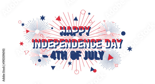 Happy Independence Day 4th of July typographic illustration with fireworks and stars, for banner or poster or social media