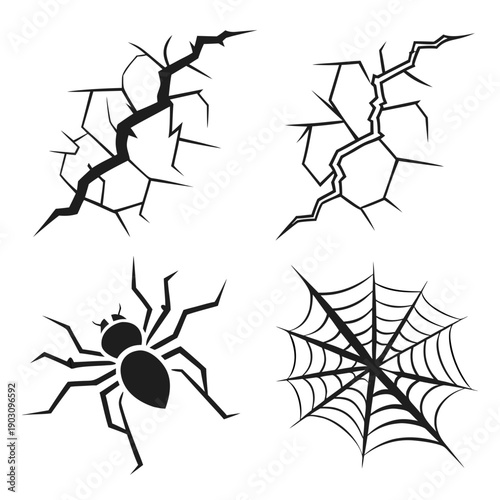 A collection of intricate black and white drawings featuring spiders and their webs. Vector