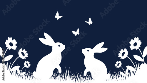 Whimsical silhouette of two rabbits and butterflies amidst flowers on a dark blue background at dusk
