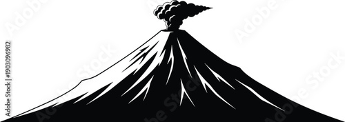 Black and white vector illustration of active volcano eruption with smoke cloud and lava flow isolated on white background.