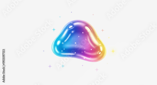Vibrant iridescent liquid blob with magical sparkles on a clean white background an abstract