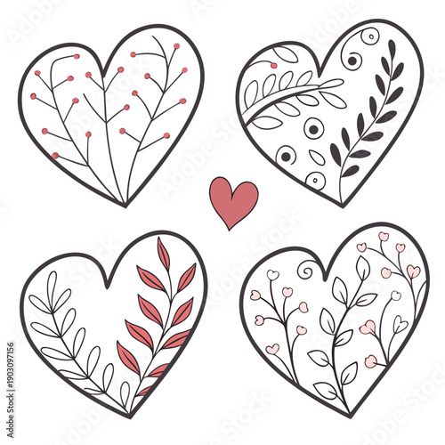 A collection of intricately designed heart illustrations with various patterns and a red heart in the center Vector