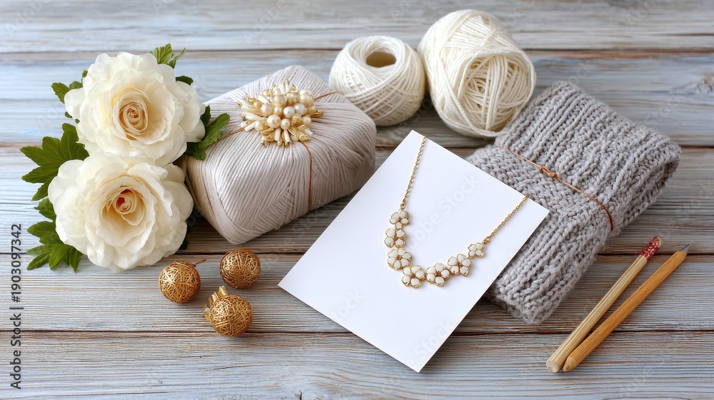 Fototapeta premium A cozy arrangement of crafting materials, including yarn, flowers, a handmade necklace, and stationery, perfect for creative projects.
