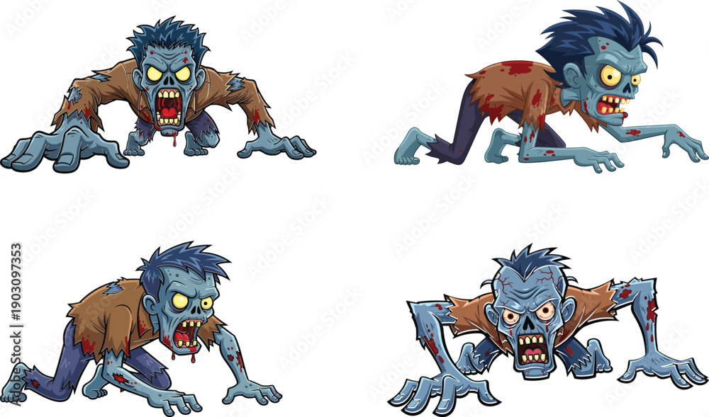Fototapeta premium A group of four zombie creatures in various poses featuring a silhouette