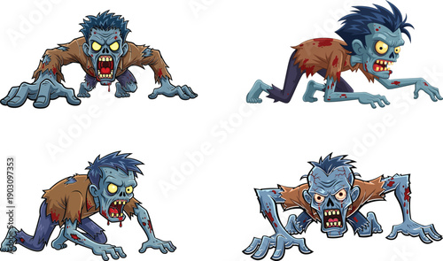 A group of four zombie creatures in various poses featuring a silhouette