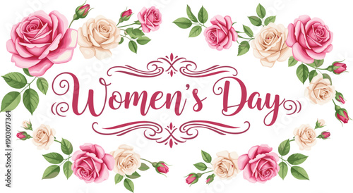 Lovely greeting card for Women's Day featuring pink rose flower border and elegant typography on white background vector.