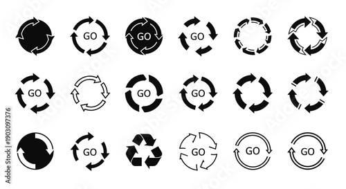 Collection of abstract circular arrow icons symbolizing movement, process and continuity