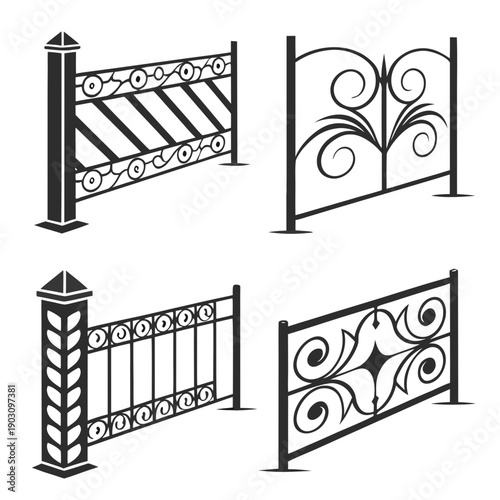 Four different types of decorative metal fences and gates in a black and white illustration Vector