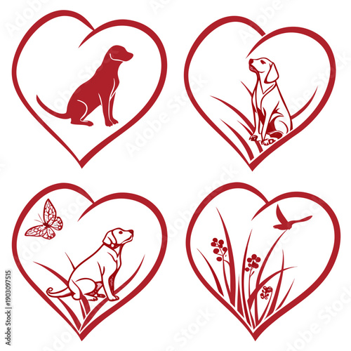 Four hearts with different dog breeds and flowers in the middle Vector