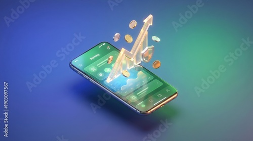 Wallpaper Mural 3D Render of a Smartphone Displaying Financial Growth and Security Icons Torontodigital.ca
