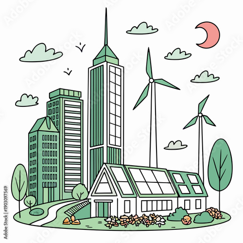 A futuristic cityscape with green energy infrastructure and a moon in the sky. Vector