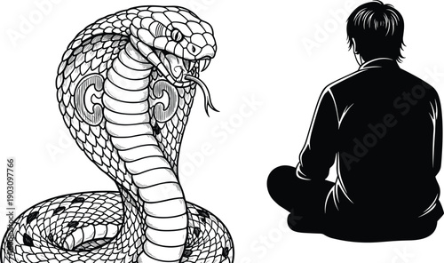 Black and white vector illustration of large king cobra snake facing sitting man in back view danger concept.