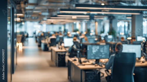 Wallpaper Mural Modern open-plan office interior with blurred business professionals collaborating, working at desks, and engaging in team discussions in a bright, contemporary corporate workspace Torontodigital.ca