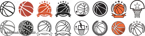 Basketball Ball Icons and Hoops Set in Outline and Color Style Illustration