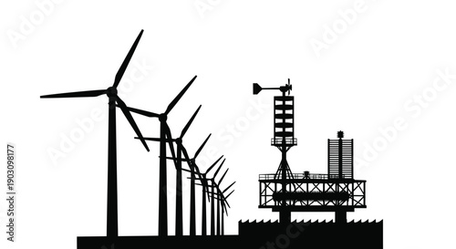 Silhouette illustration of offshore wind farm turbines standing near an industrial structure on water