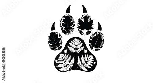 Stylized black and white bear paw print design incorporating various detailed botanical leaf silhouettes