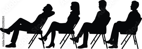 Silhouette of four people seated on chairs in relaxed poses against a white background sitting relaxation