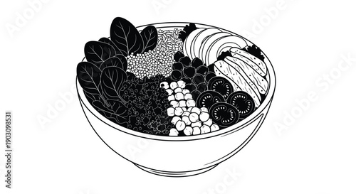 Detailed black and white illustration of a healthy buddha bowl filled with various vegetarian and grain ingredients