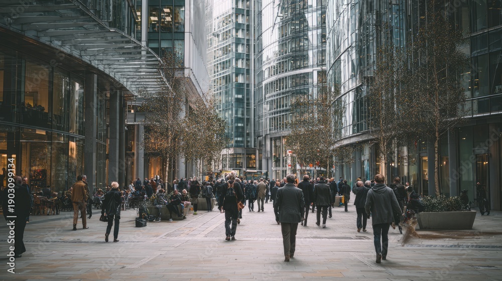 Obraz premium Office workers commuting through a bustling financial district with urban skyscrapers and a professional city environment