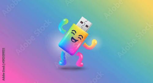 A cheerful rainbow USB flash drive character happily dancing on a vibrant pastel gradient