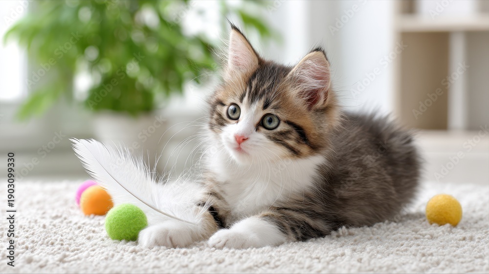 Obraz premium A playful kitten rests on a soft surface, surrounded by colorful balls and a feather, exuding cuteness and curiosity.