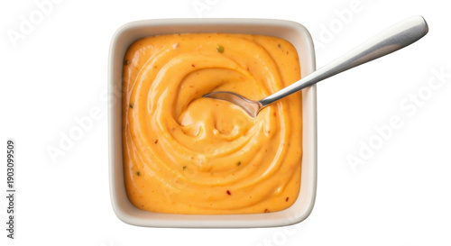 Tableau sur toile Delicious orange dipping sauce in square bowl isolated PNG, creamy condiment wit