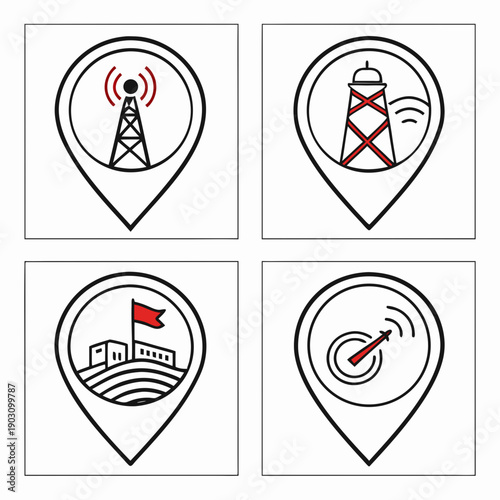 Four distinct location markers featuring flags and symbols from different countries Vector