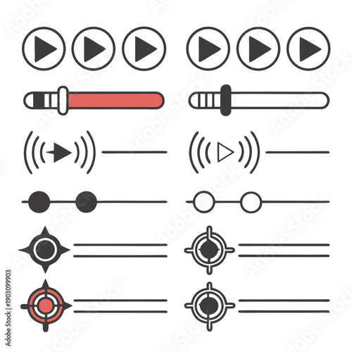 A collection of various icons representing media controls and indicators. Vector